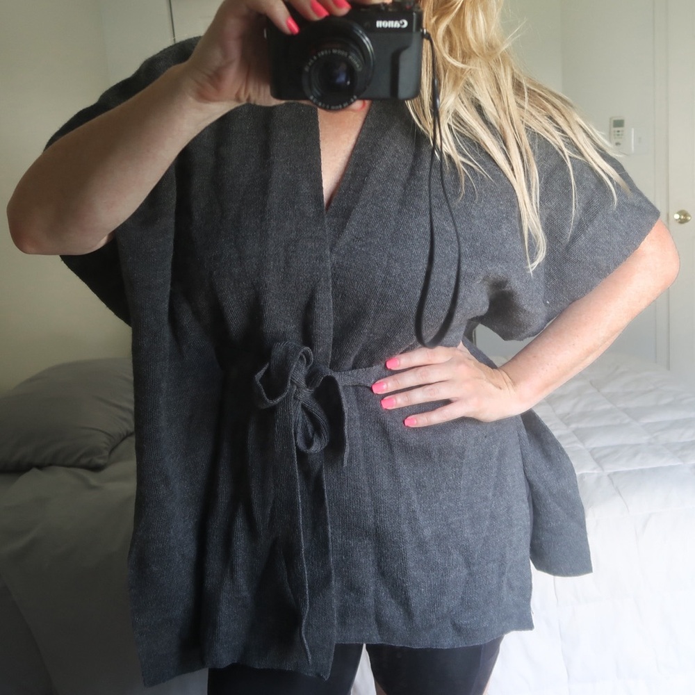Ann Taylor LOFT Gray Belted Knit Wrap Sweater